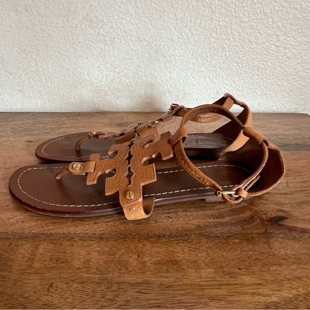 Tory Burch Phoebe Flat Thong Sandals Brown Leather Logo Size 7.5 M - Picture 4 of 9